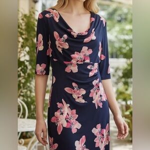 Connected Apparel Drape Neck Midi Dress in Navy w/Pink Floral Design, EUC Sz 8